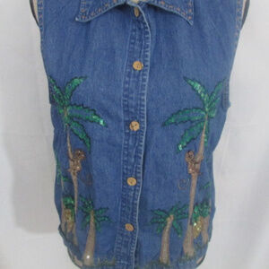 Denim Shirt With Pineapples and Monkeys Tropical